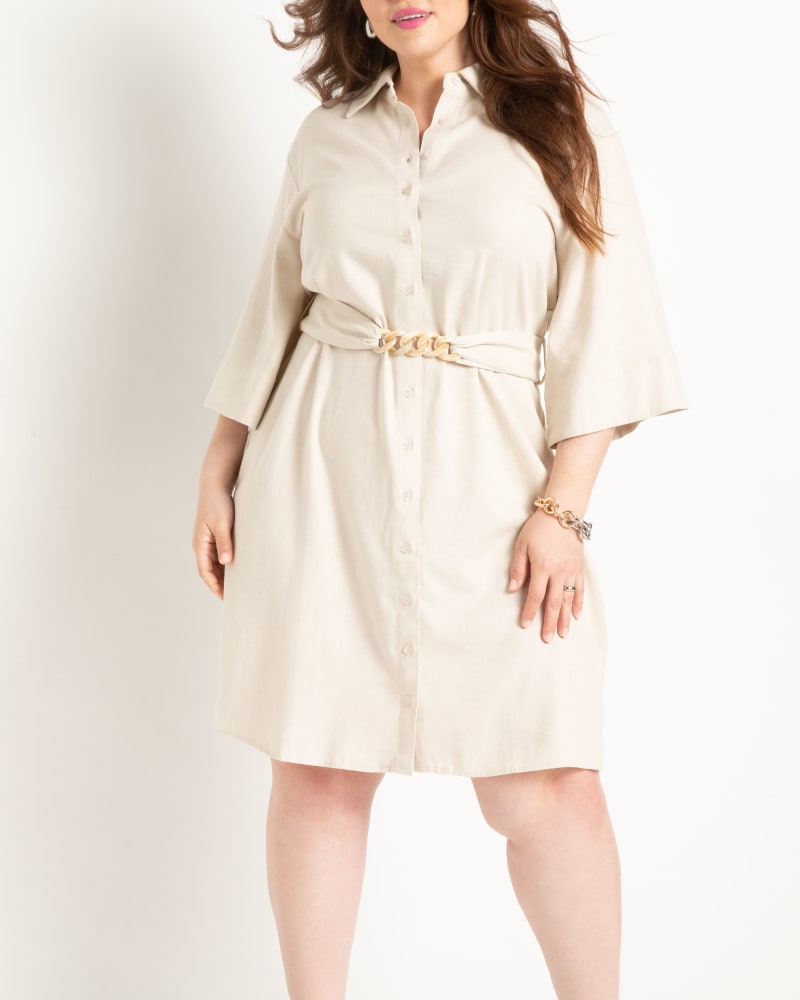 Front of a model wearing a size 22 Linen Blend Workwear Shirtdress in Ancient Scroll by ELOQUII. | dia_product_style_image_id:294951